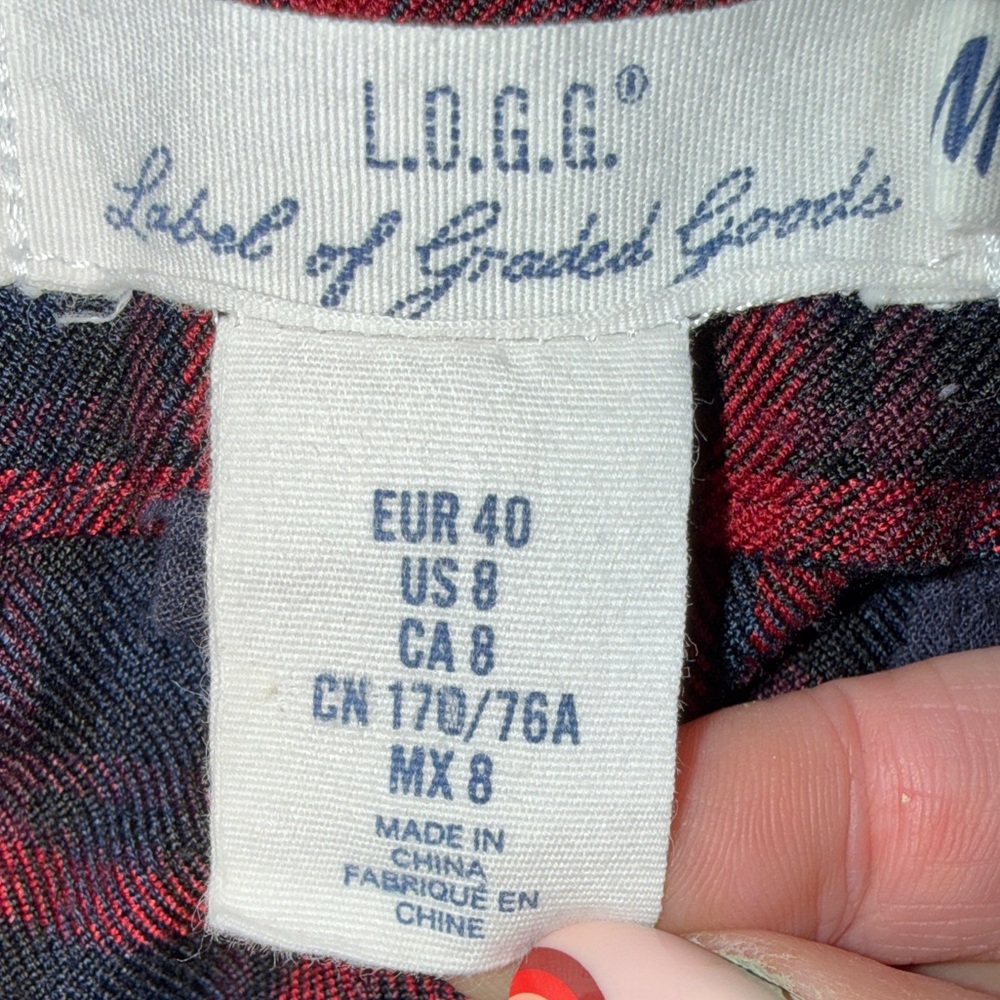H&M L.O.G.G. Navy Red Plaid Trousers Straight Leg Pants Size 8 - Picture 12 of 12